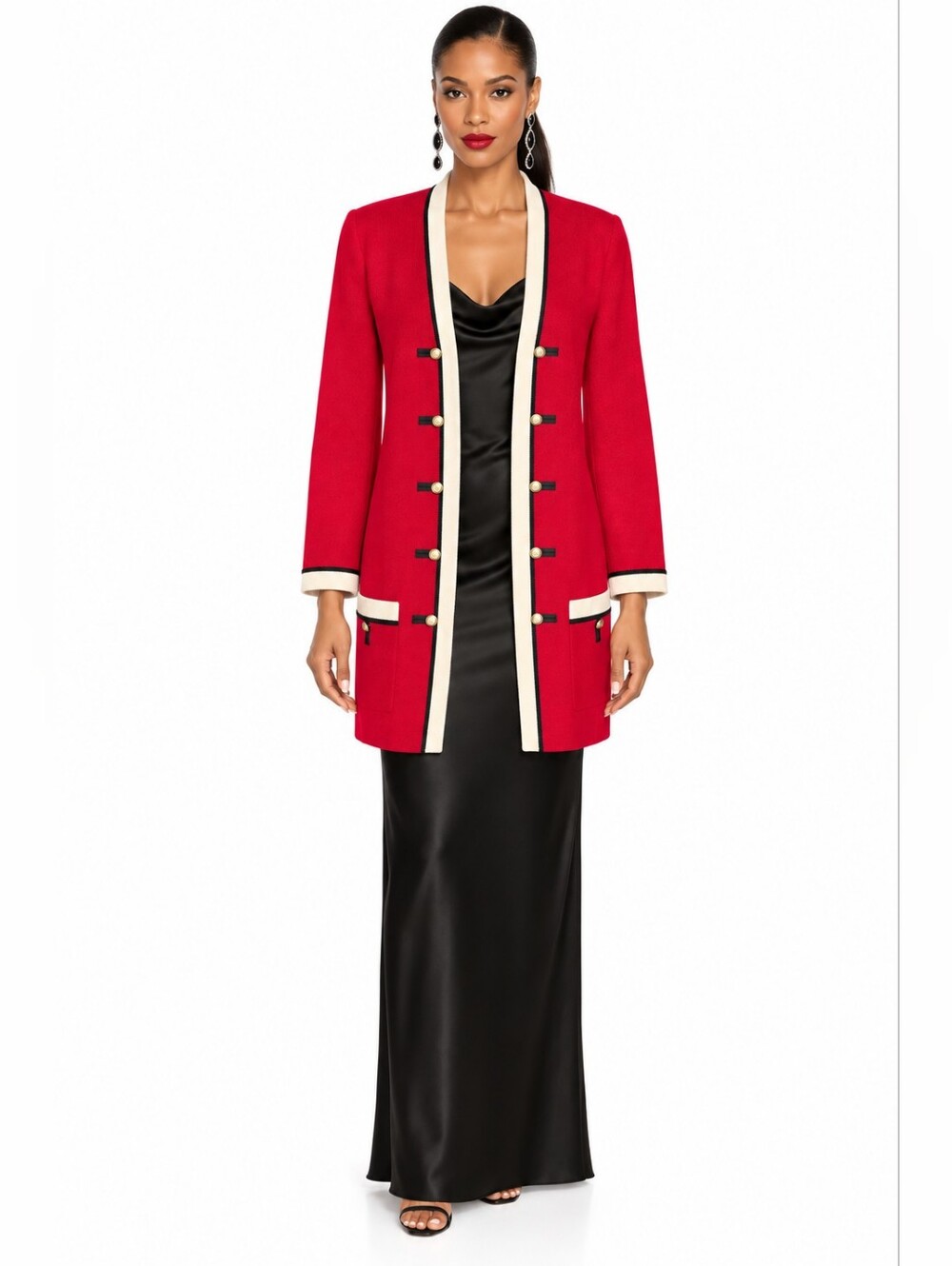 St John Collection Marie Gray Red Knit Long Jacket Cardigan Size 4 Gold Buttons